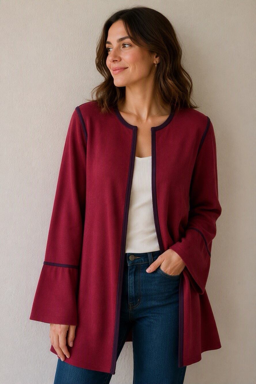 Chicos Burgundy Open Front Long Sleeve Long Line Sweater Jacket Size 2 Large